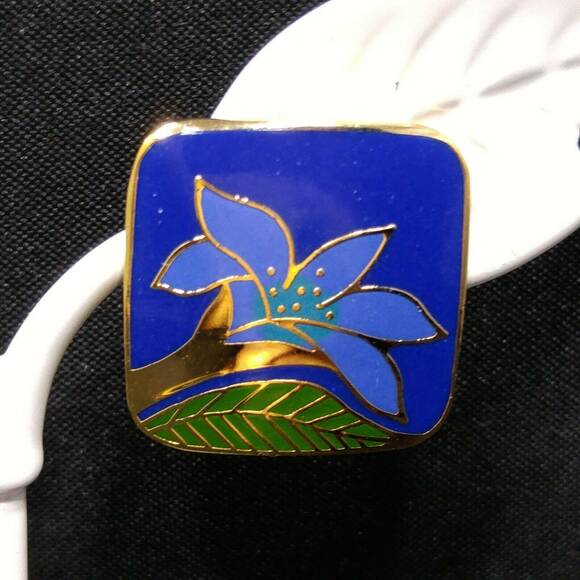 Laurel Burch "Wild Lily" Blue Post Earrings, Cloisonne Gold Plated, 1980s - Picture 4 of 9